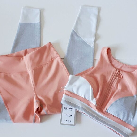 NWT Lazypants coral pink peach, grey & white sports bra top & leggings bundle - Picture 3 of 13